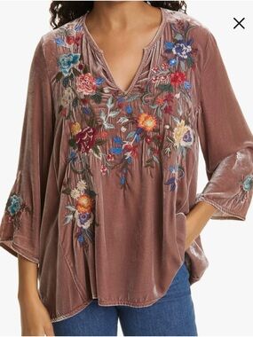 Johnny Was Velvet Embroidered Tunic NWT Mauve Boho Peasant XS